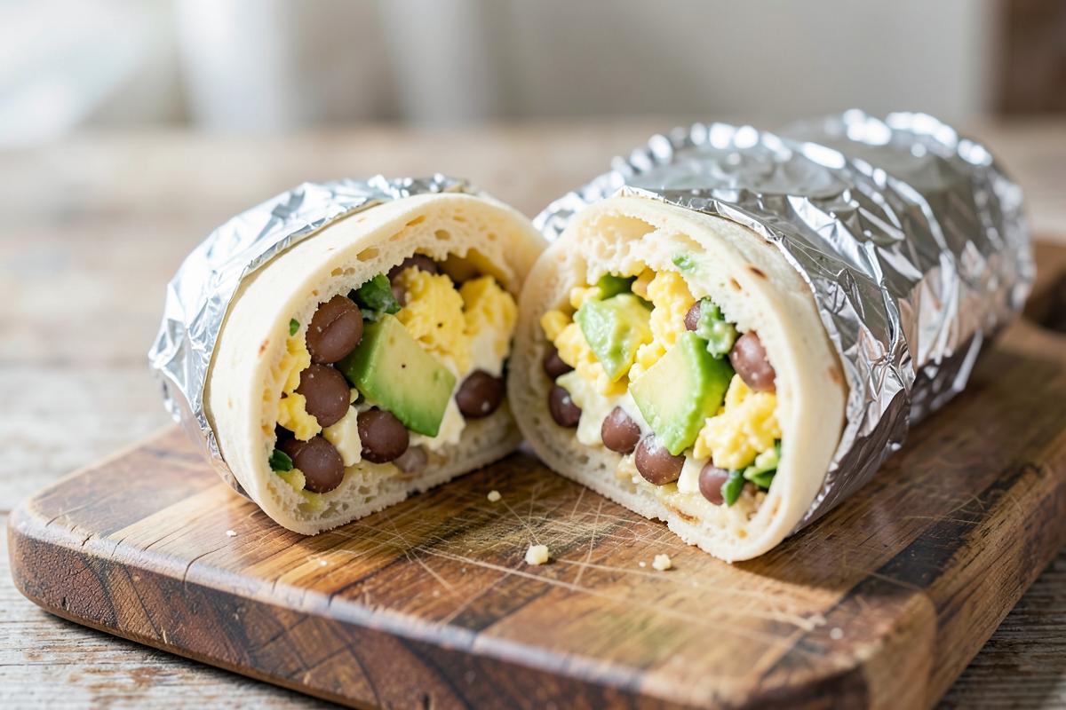 Breakfast burrito cut in half showing scrambled egg, avocado, beans and cheese