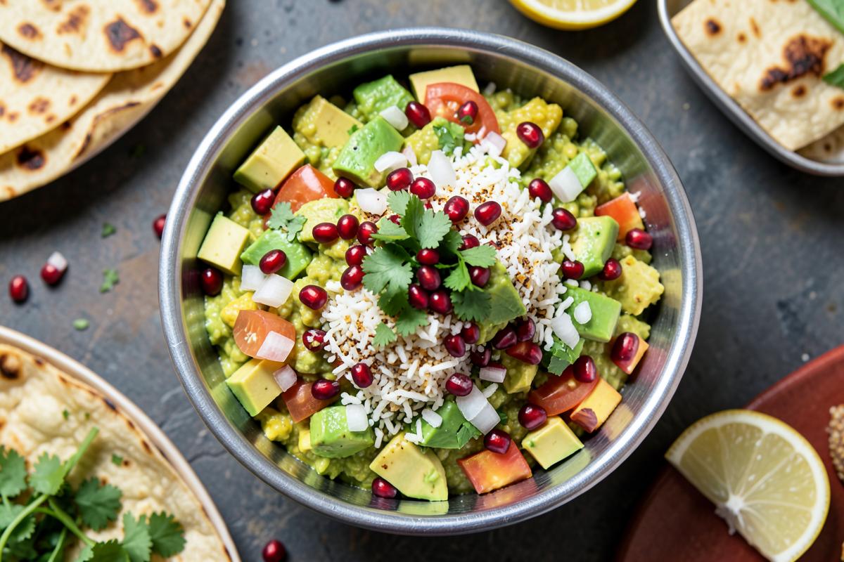 Steel bowl of avocado chaat with pomegranate seeds, onion, coriander, sev and chaat masala
