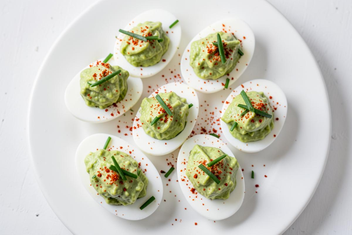 Platter of deviled eggs filled with green avocado mixture and sprinkled with paprika and chives