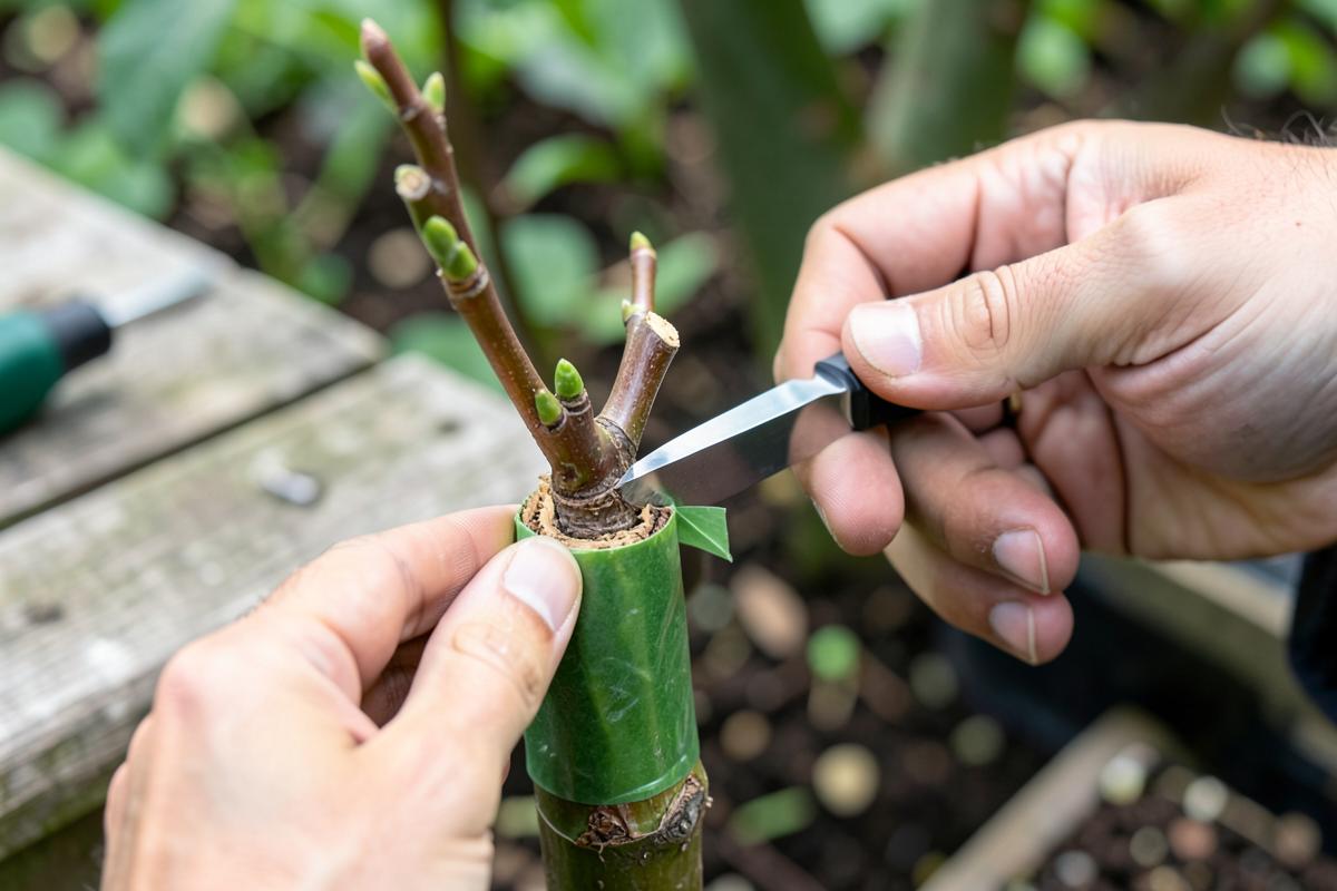 Scion wood set into the rootstock. Cambium contact and a tight, clean wrap decide whether it takes.