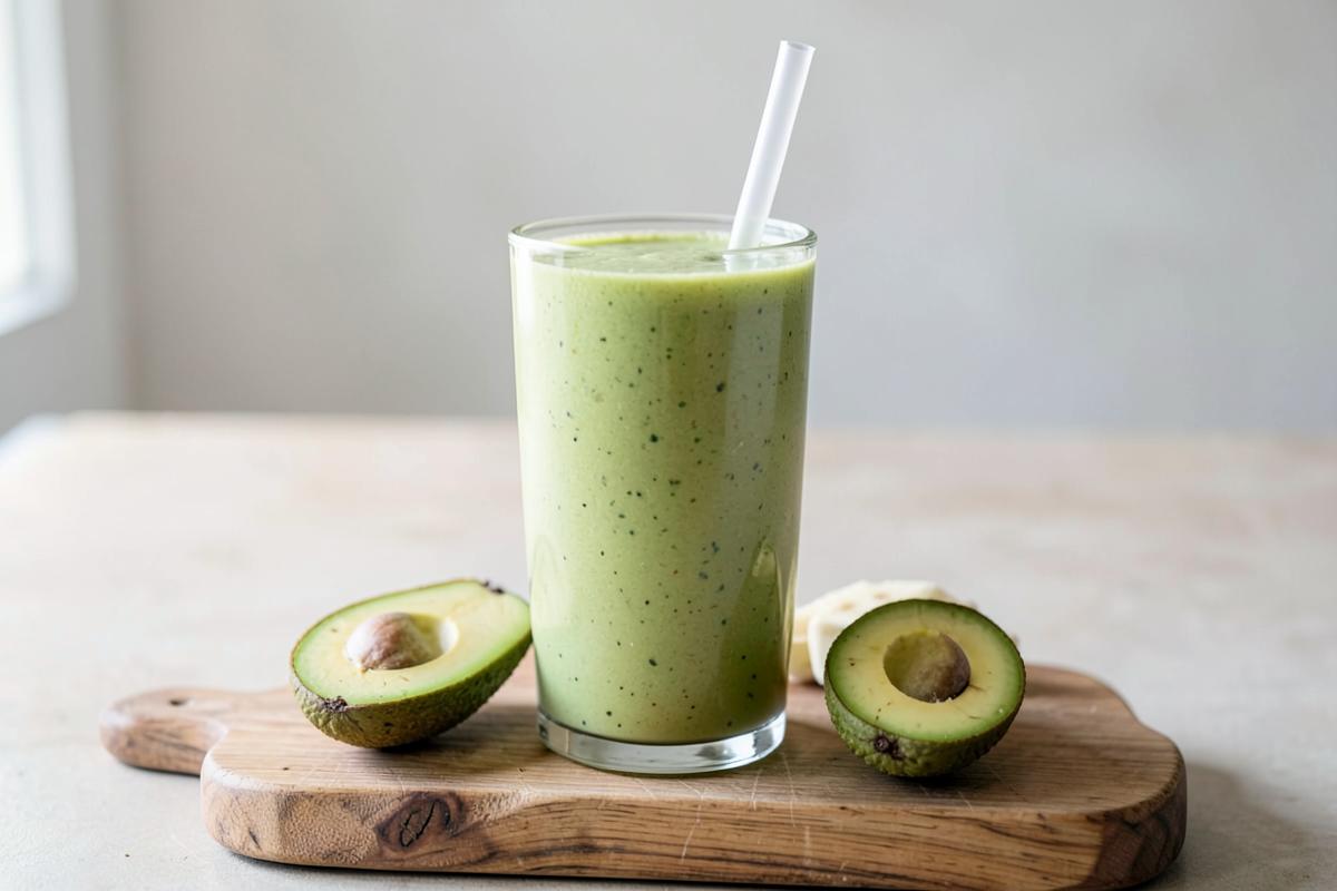 Tall glass of thick sweet avocado milkshake with a straw