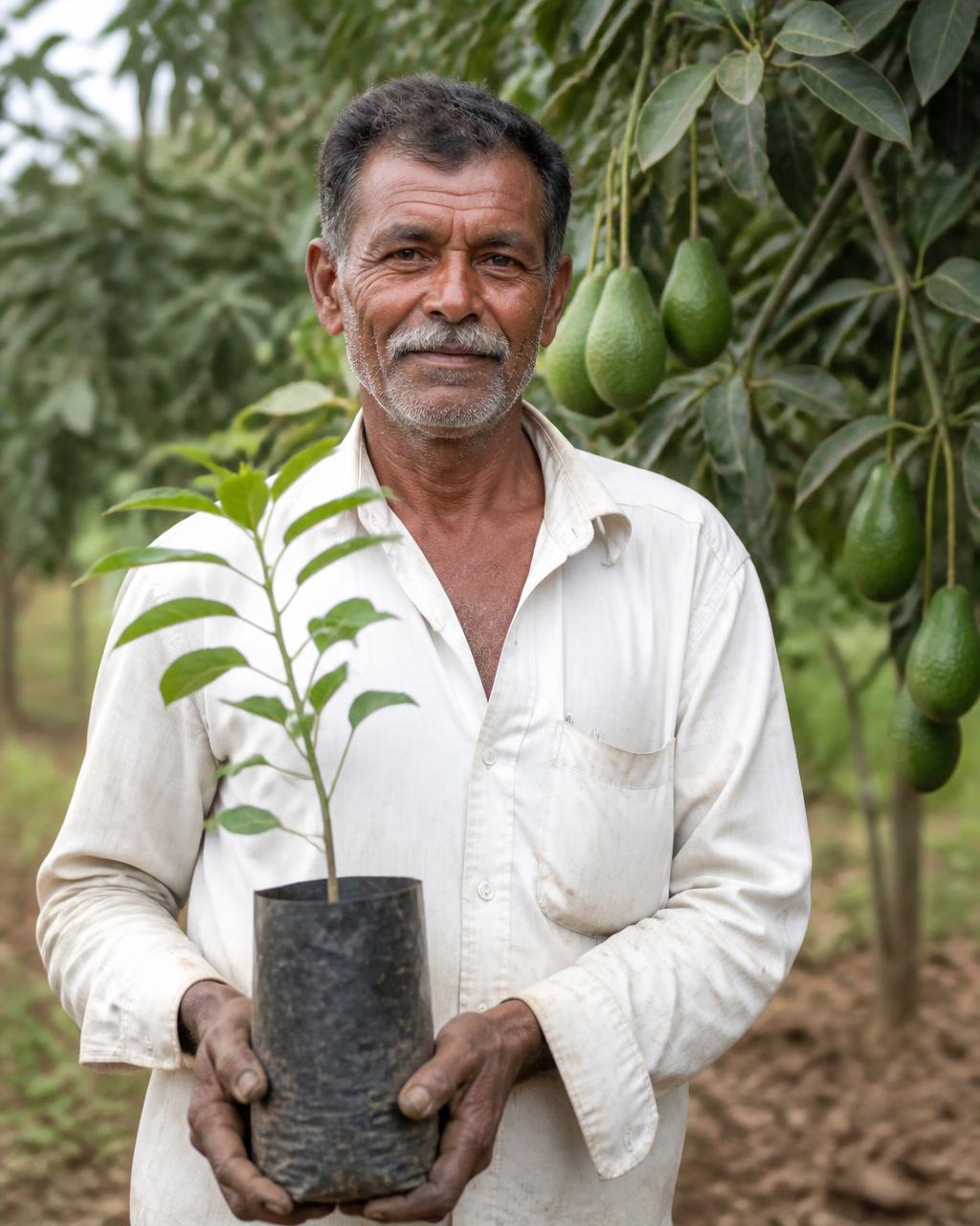 Partner farmer holding a young avocado sapling in his grove