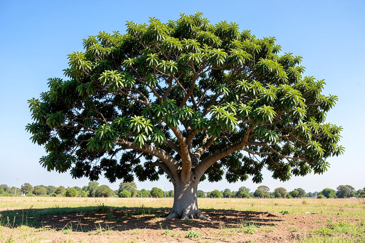 Fully grown avocado tree with a broad spreading canopy and thick grey trunk in open ground