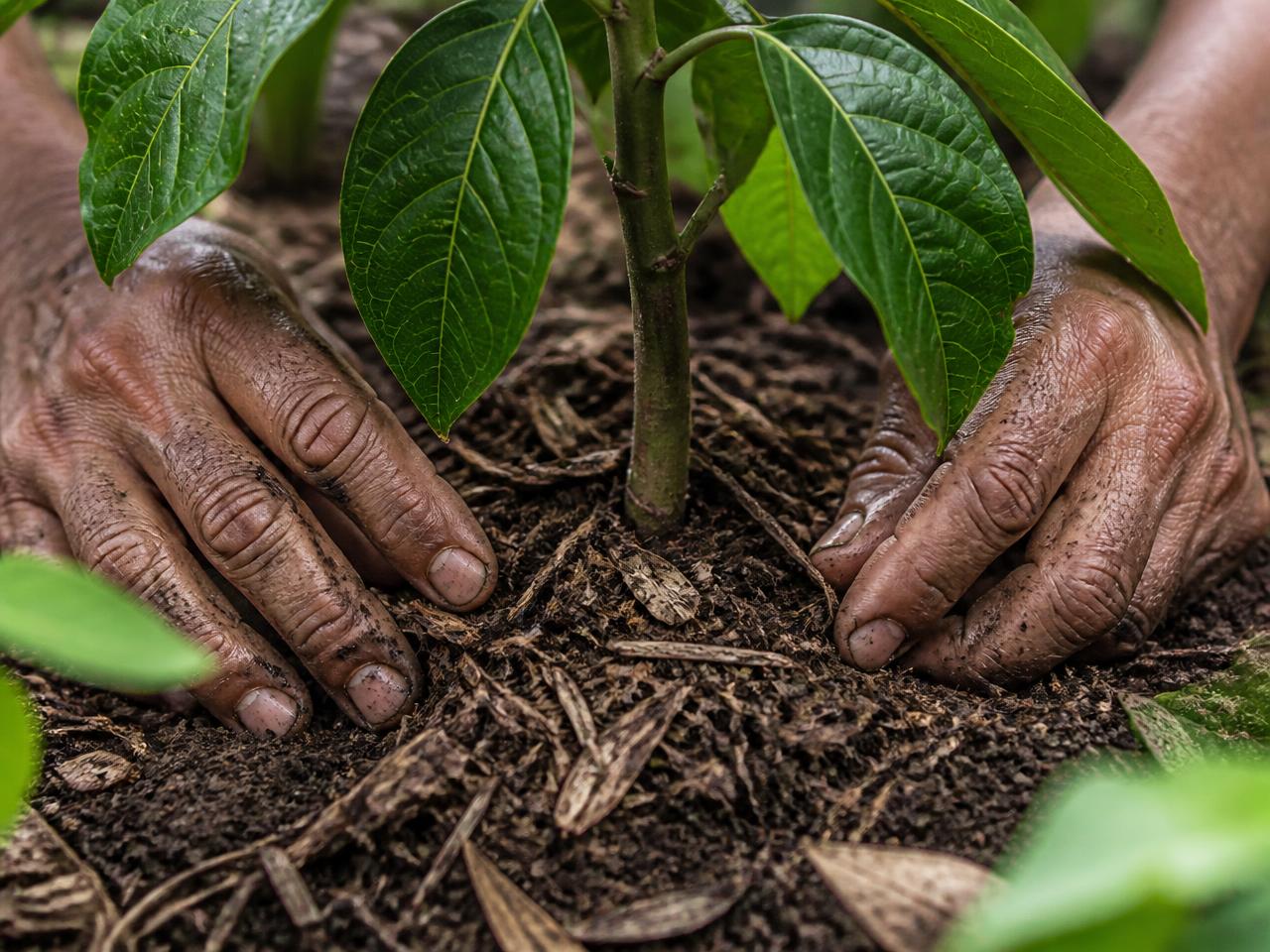 Hands pressing mulched, dark soil around the stem of a young avocado tree